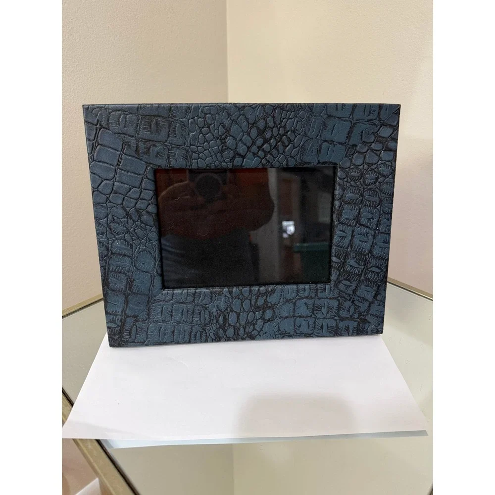 Navy Crocodile Embossed Genuine Leather Picture Frame Easel Back Chic